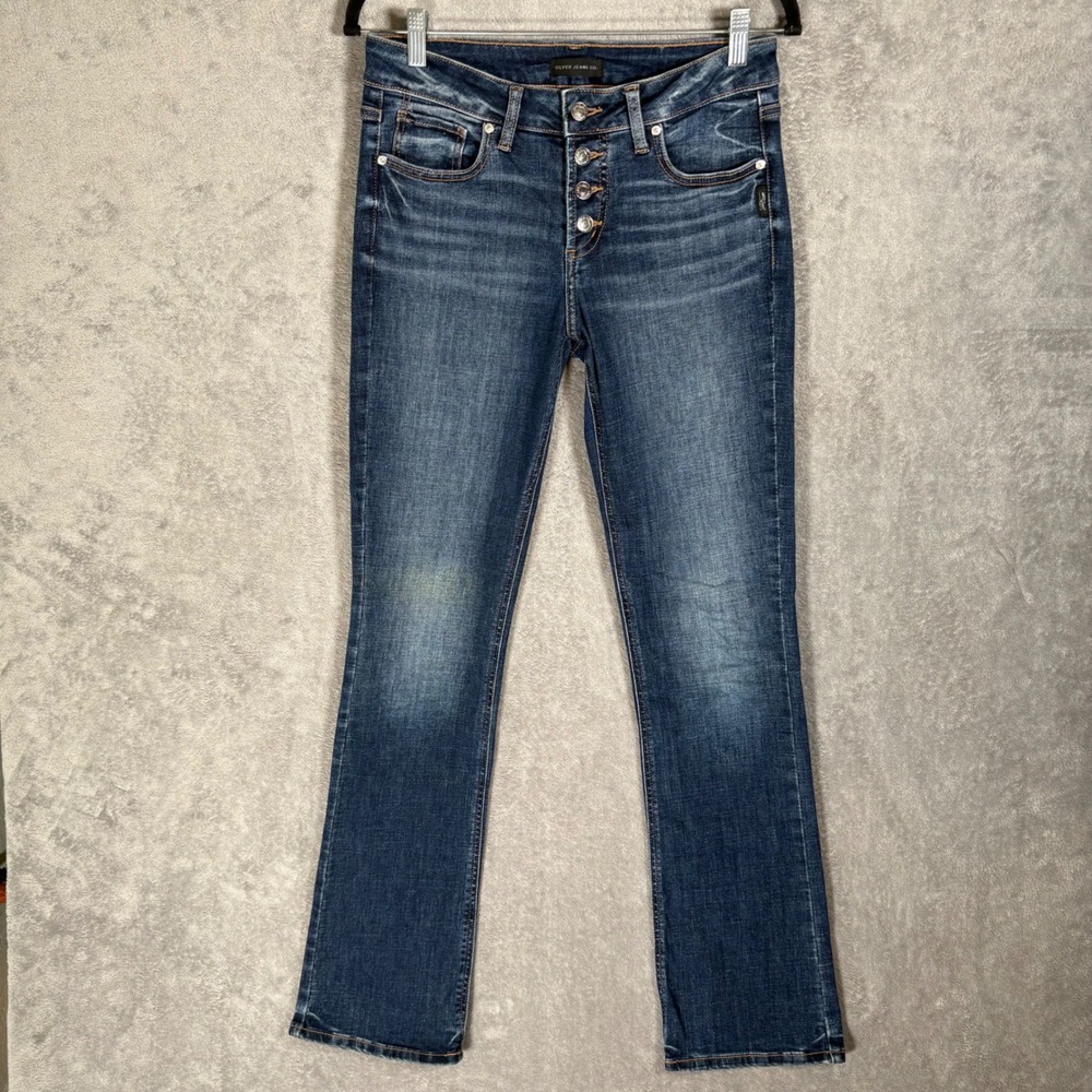 Silver Jeans Co Suki Slim Boot Dark Wash Exposed Button Fly Jeans W28 L33